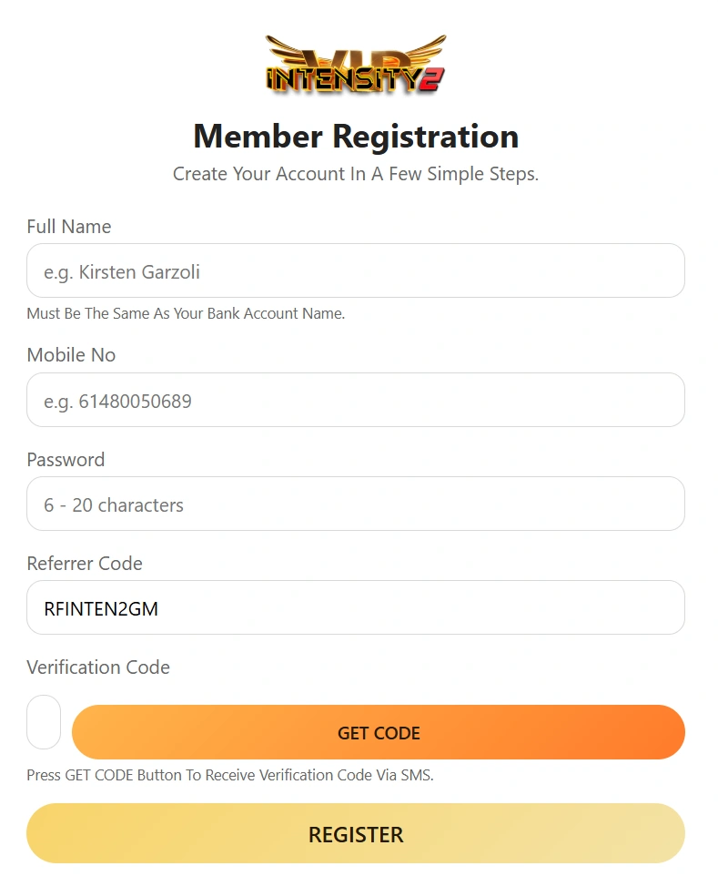 Intensity Casino creating your account